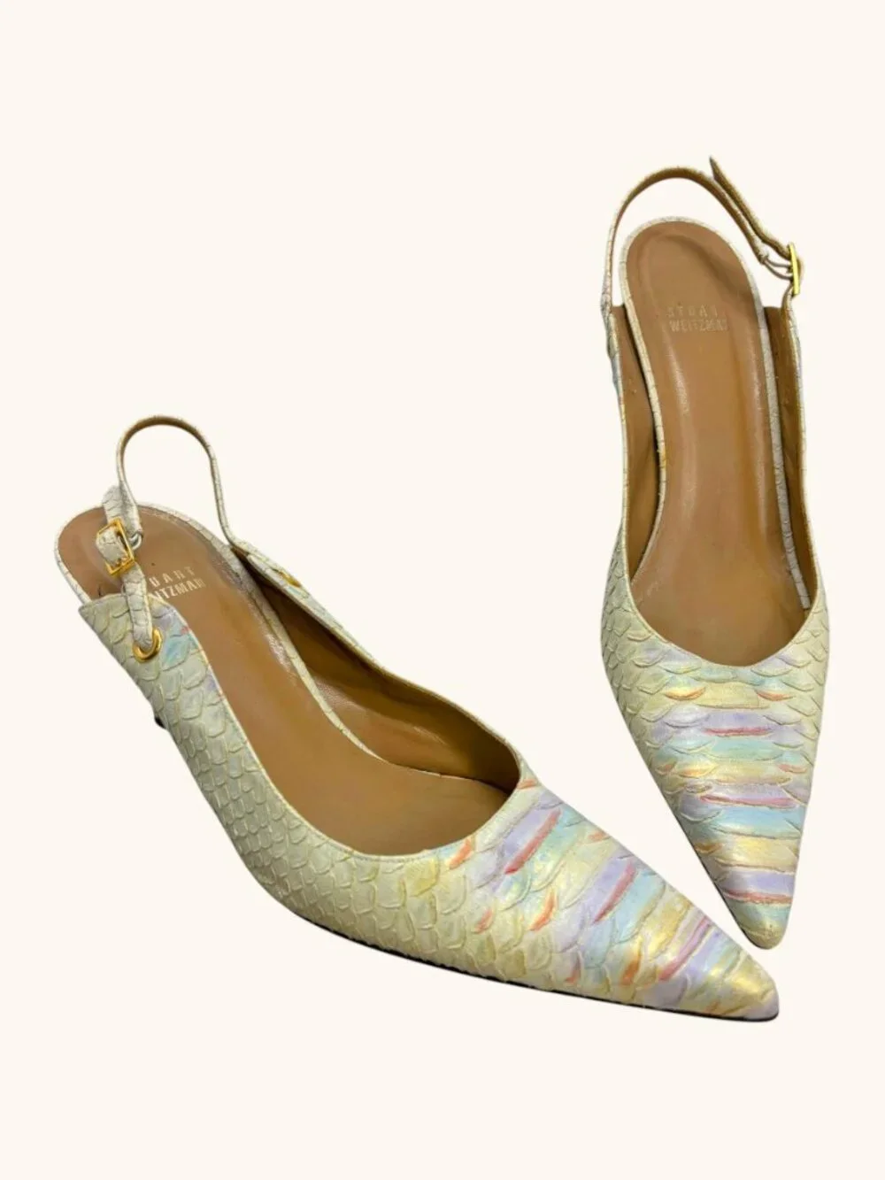 Stuart Weitzman Cream Iridescent Python Embossed Slingback Heels‎